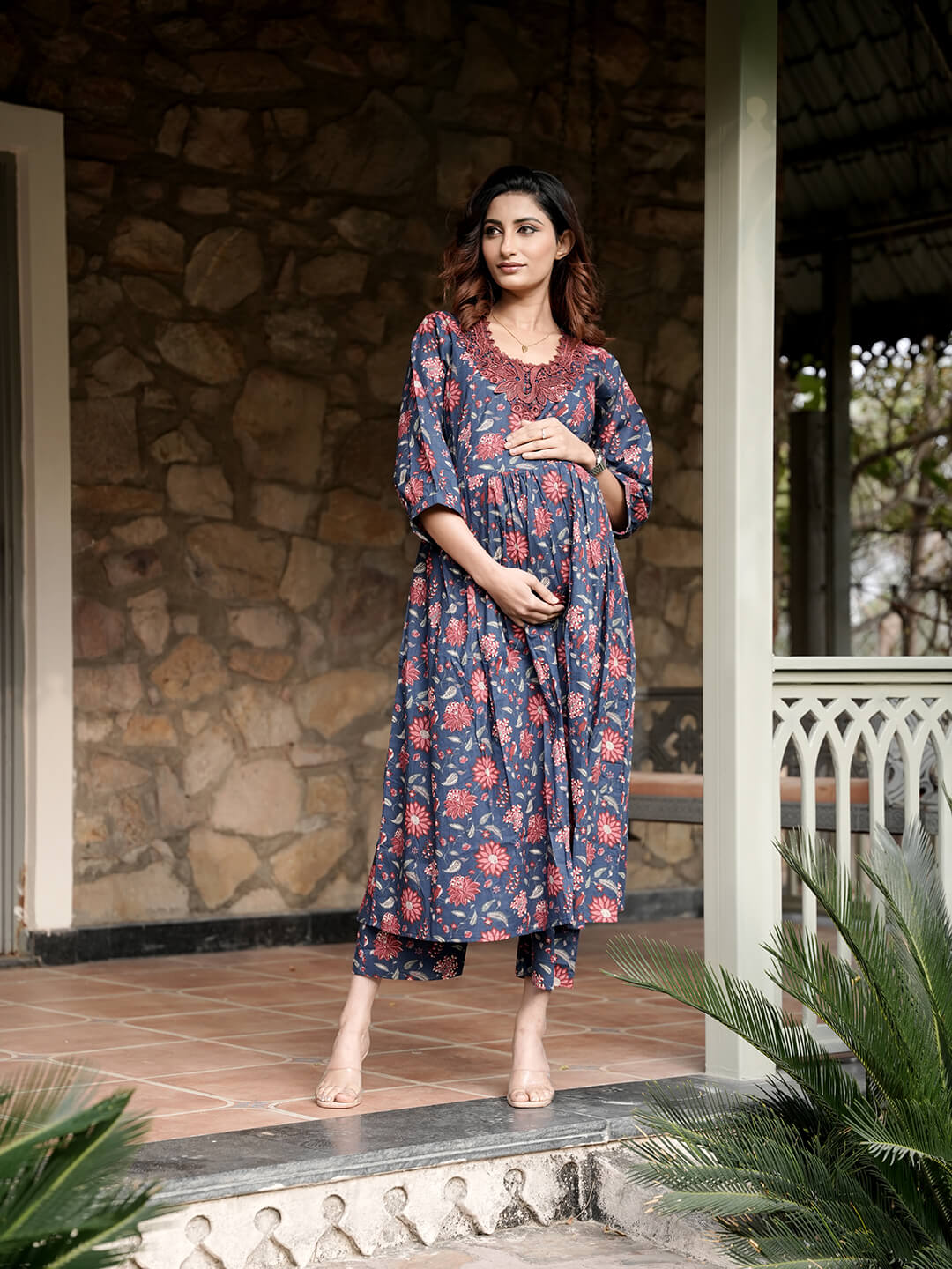 Indigo Multi Floral Printed Maternity & Feeding Friendly Cotton Kurta Set