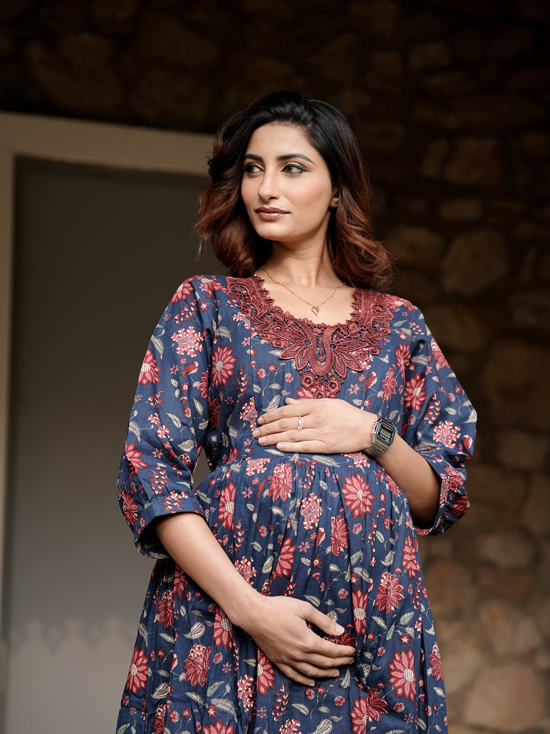 Indigo Multi Floral Printed Maternity & Feeding Friendly Cotton Kurta Set