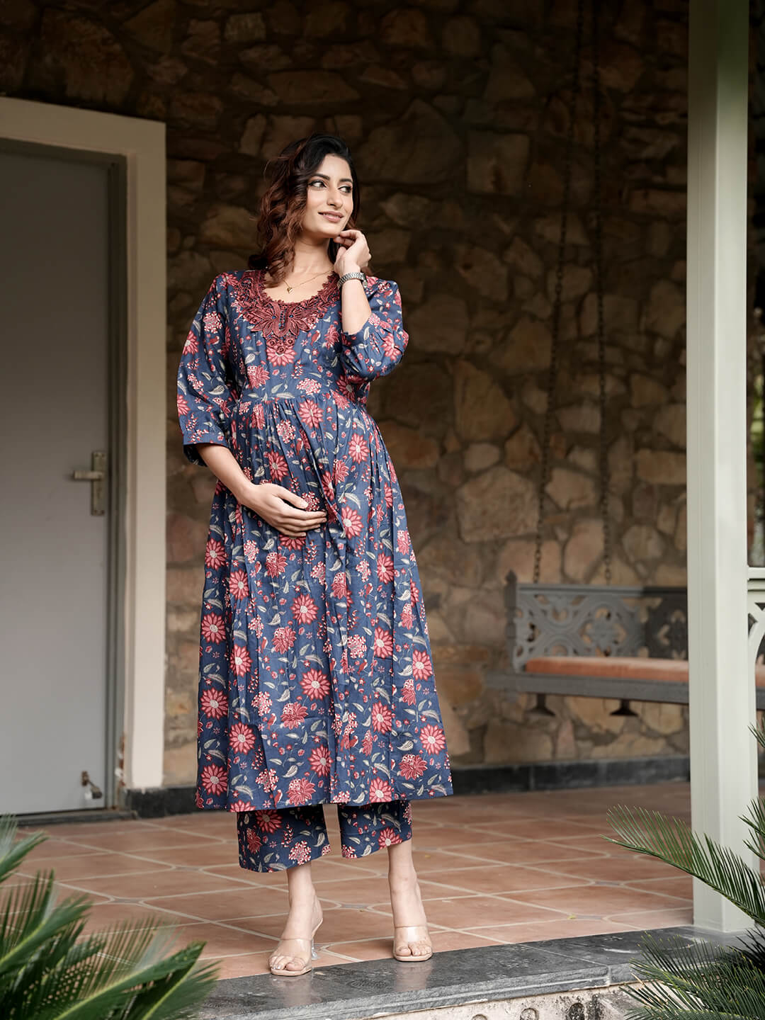 Indigo Multi Floral Printed Maternity & Feeding Friendly Cotton Kurta Set