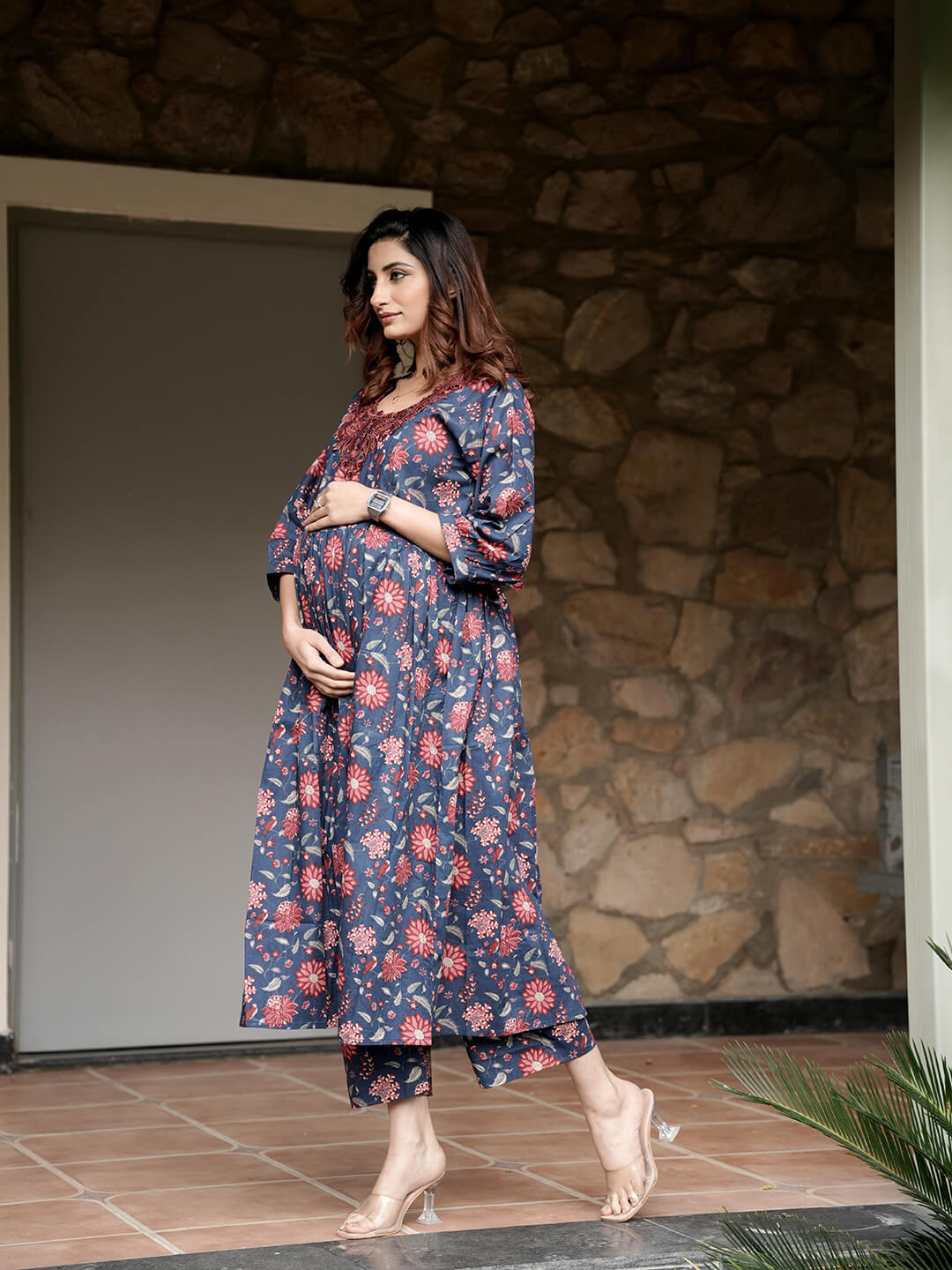 Indigo Multi Floral Printed Maternity & Feeding Friendly Cotton Kurta Set
