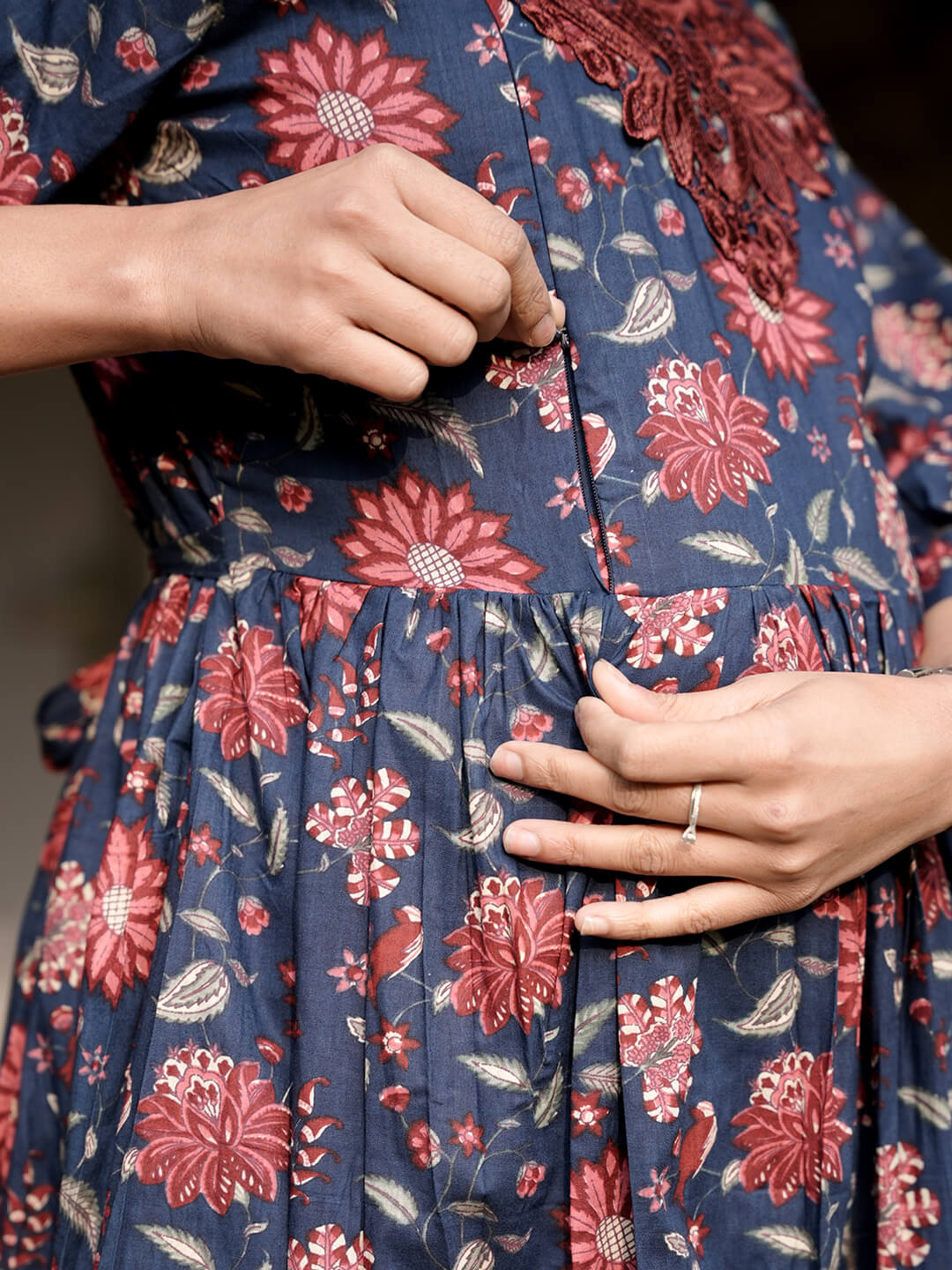 Indigo Multi Floral Printed Maternity & Feeding Friendly Cotton Kurta Set