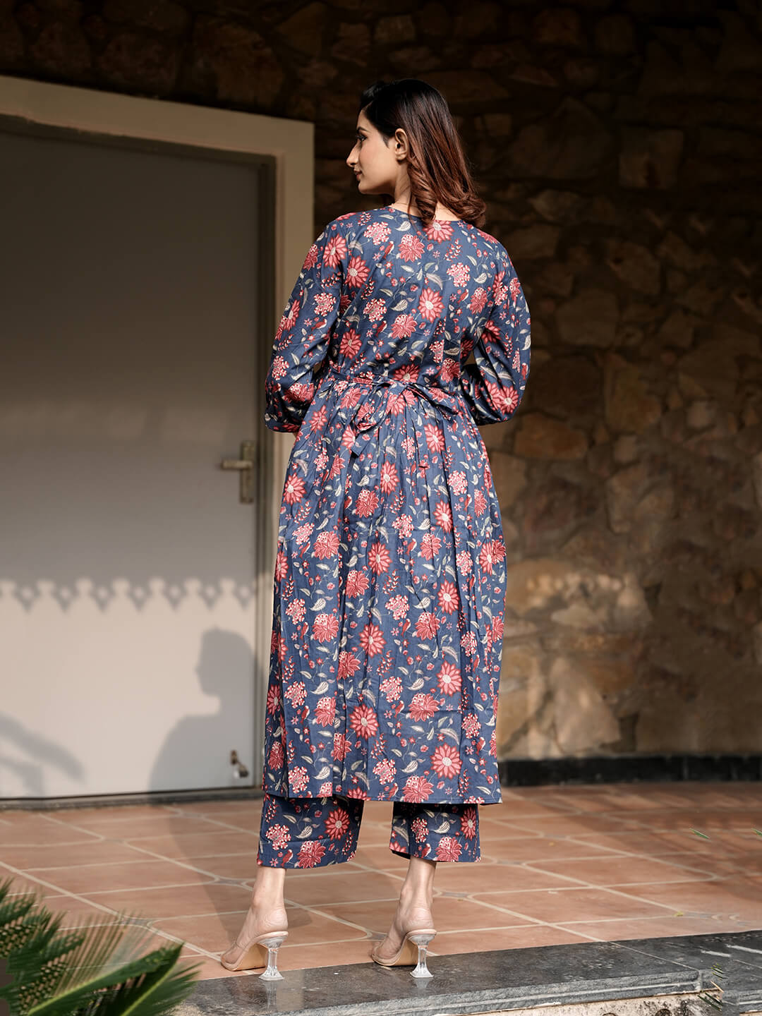 Indigo Multi Floral Printed Maternity & Feeding Friendly Cotton Kurta Set