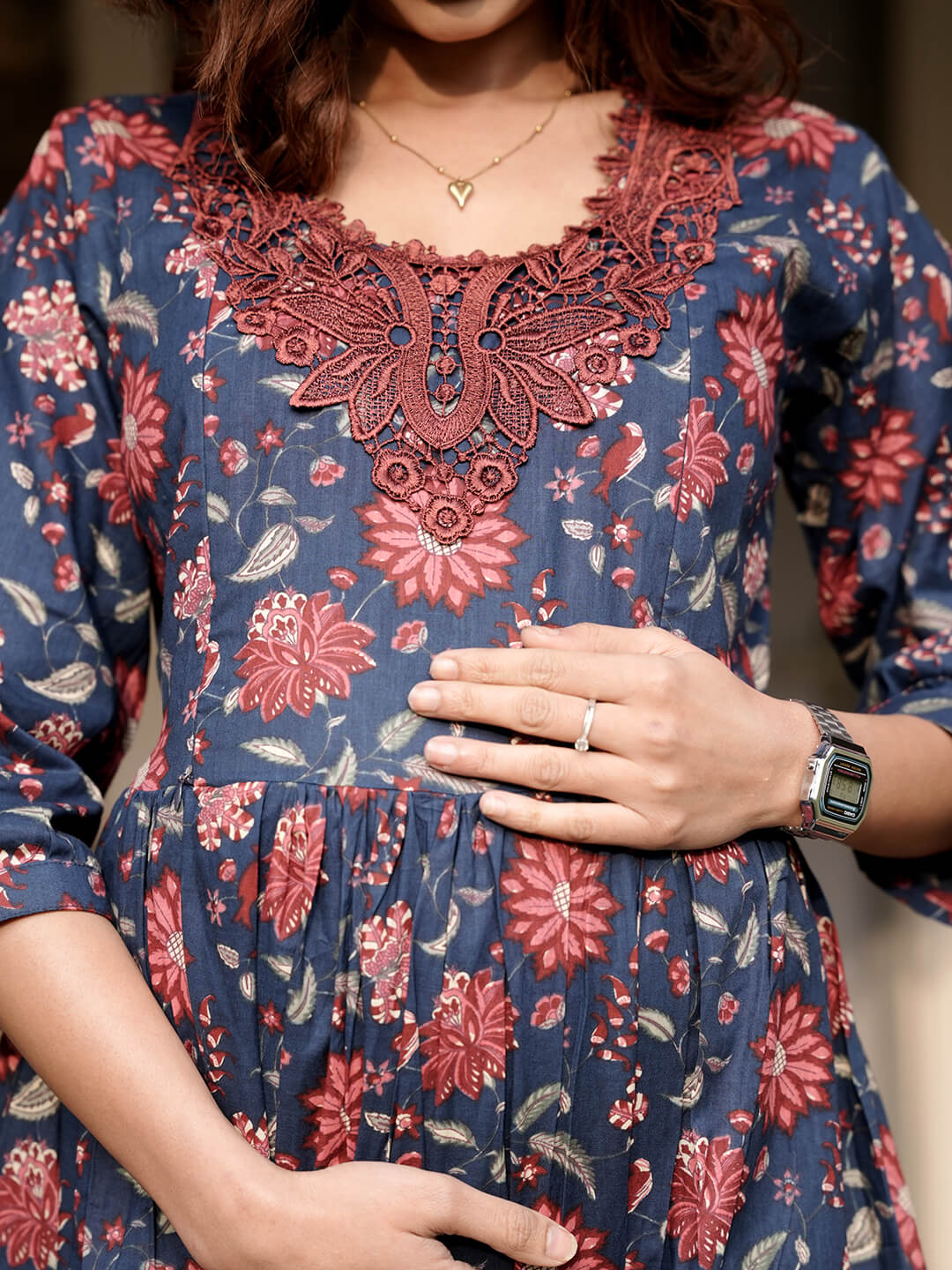 Indigo Multi Floral Printed Maternity & Feeding Friendly Cotton Kurta Set