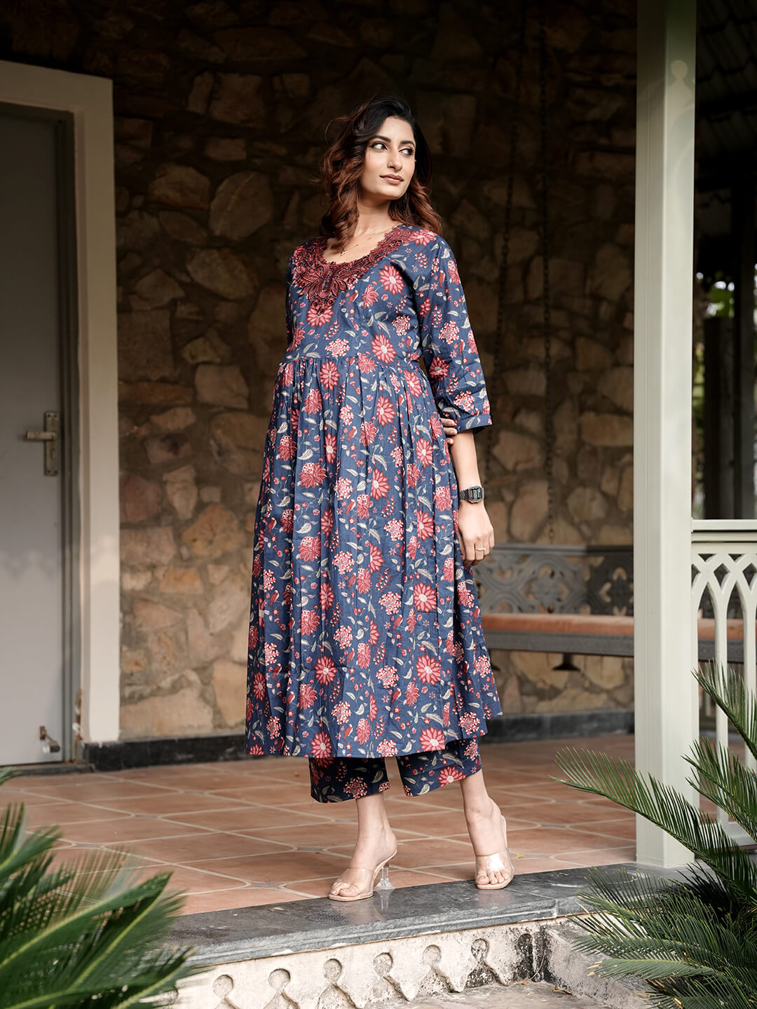 Indigo Multi Floral Printed Maternity & Feeding Friendly Cotton Kurta Set