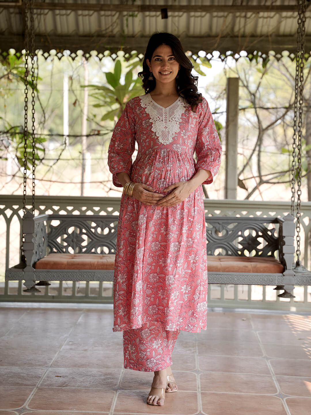 Peach White Floral Printed Maternity & Feeding Friendly Cotton Kurta Set