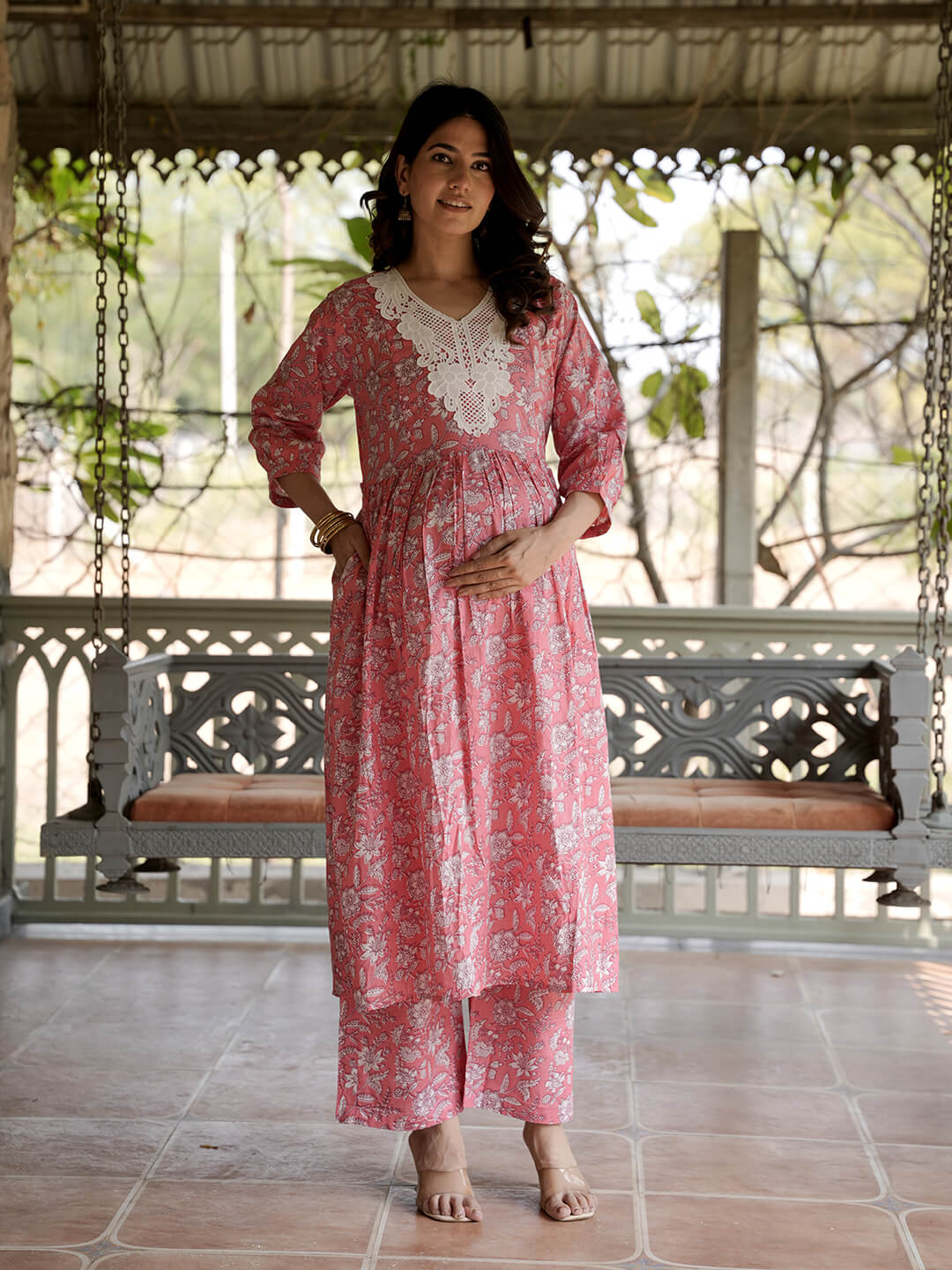 Peach White Floral Printed Maternity & Feeding Friendly Cotton Kurta Set