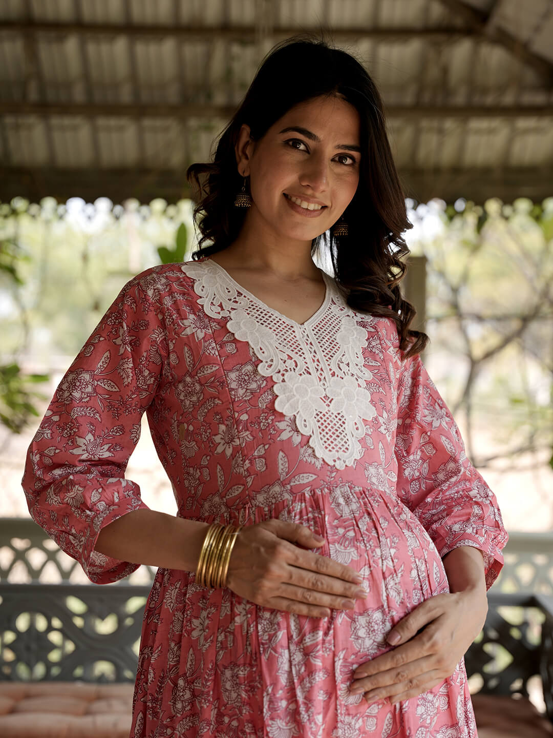 Peach White Floral Printed Maternity & Feeding Friendly Cotton Kurta Set