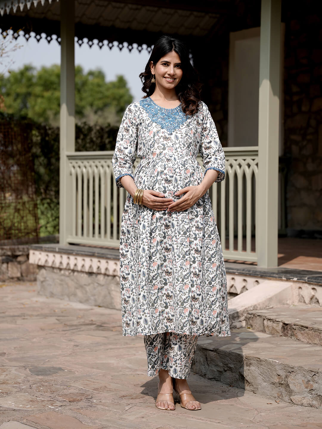 White Multi Floral Printed Maternity & Feeding Friendly Cotton Kurta Set