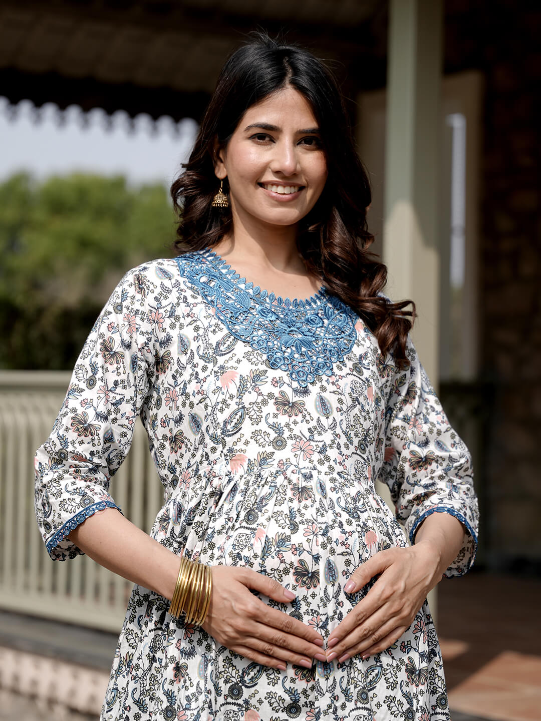 White Multi Floral Printed Maternity & Feeding Friendly Cotton Kurta Set