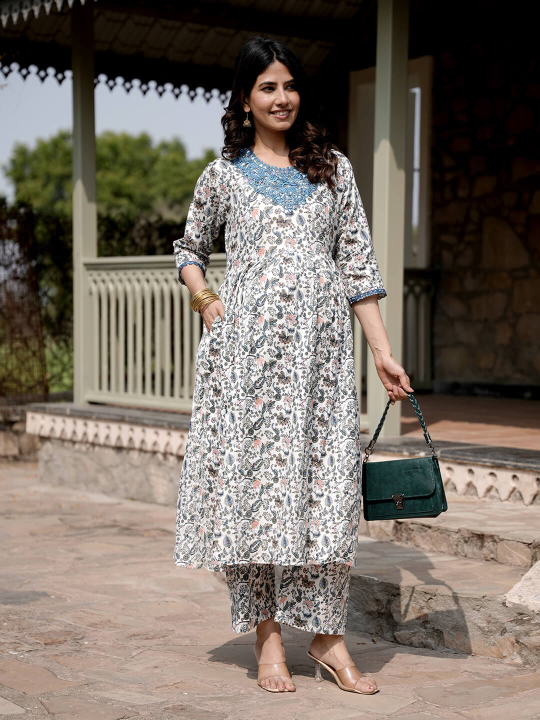 White Multi Floral Printed Maternity & Feeding Friendly Cotton Kurta Set