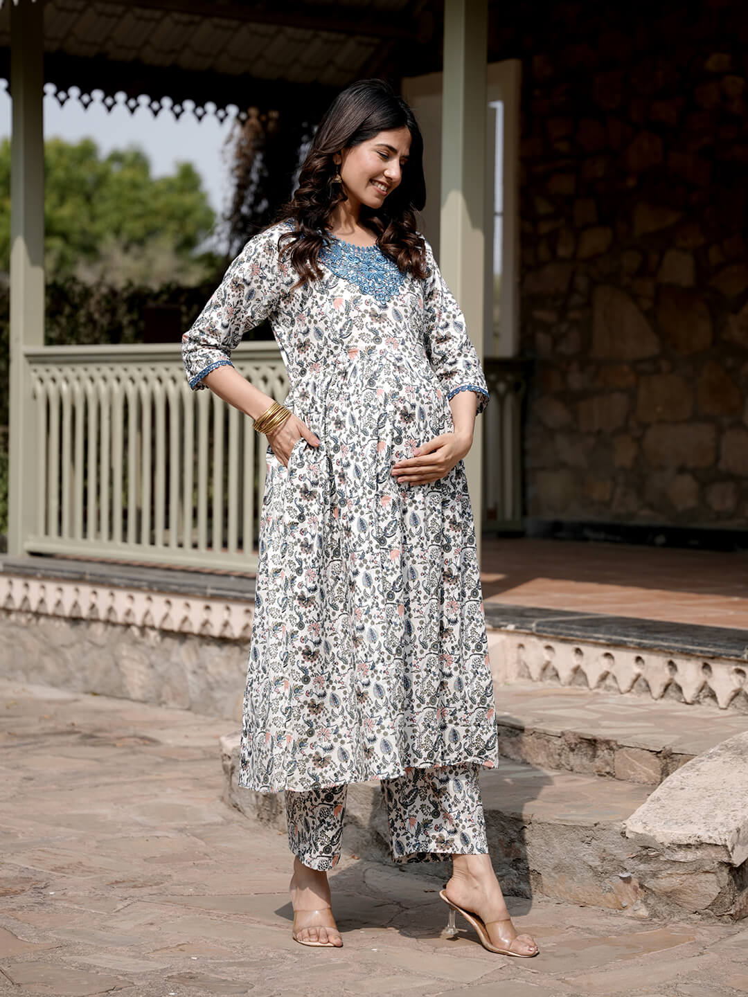 White Multi Floral Printed Maternity & Feeding Friendly Cotton Kurta Set