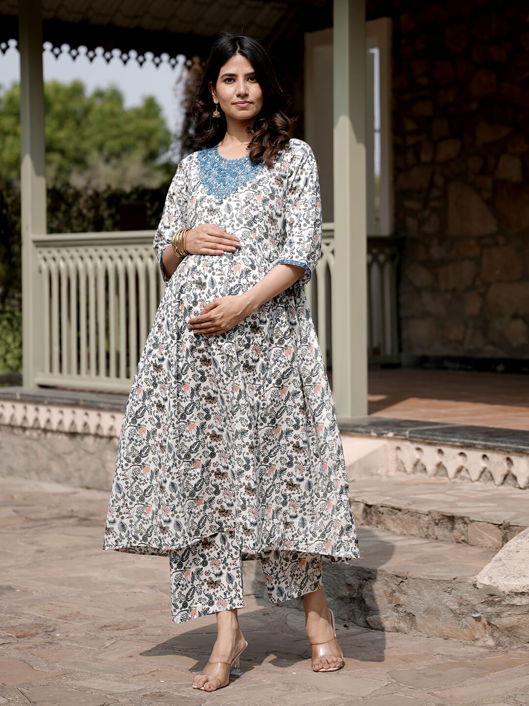 White Multi Floral Printed Maternity & Feeding Friendly Cotton Kurta Set