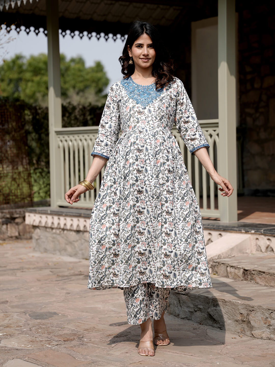 White Multi Floral Printed Maternity & Feeding Friendly Cotton Kurta Set