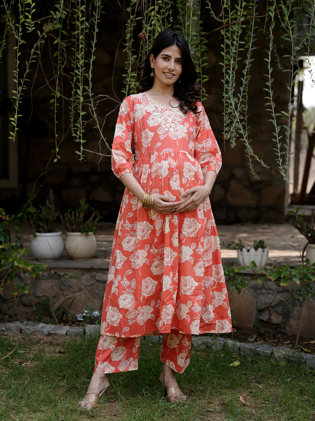 Peach Floral Printed Maternity & Feeding Friendly Cotton Kurta Set