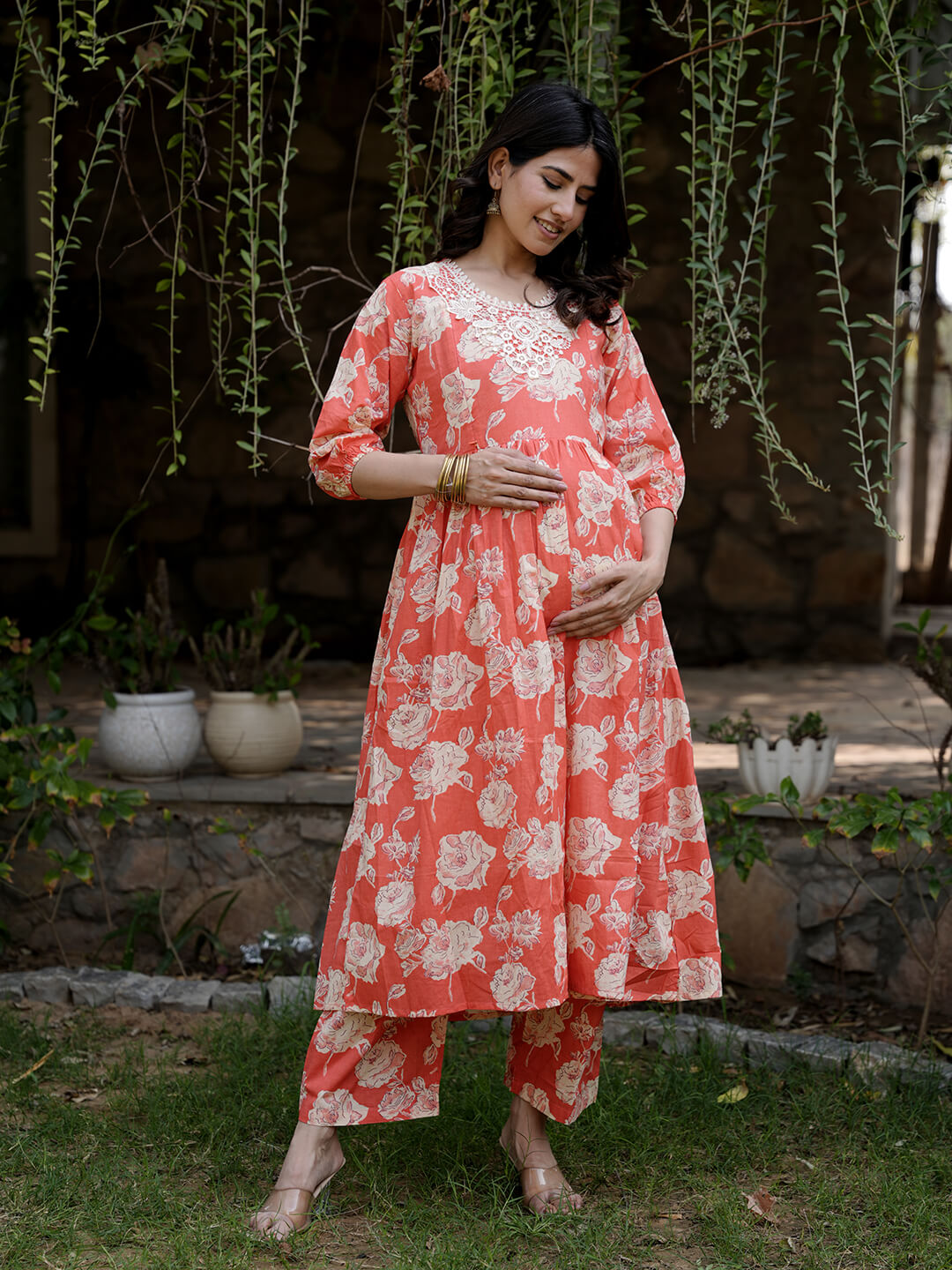 Peach Floral Printed Maternity & Feeding Friendly Cotton Kurta Set