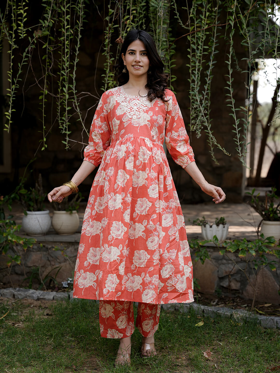 Peach Floral Printed Maternity & Feeding Friendly Cotton Kurta Set