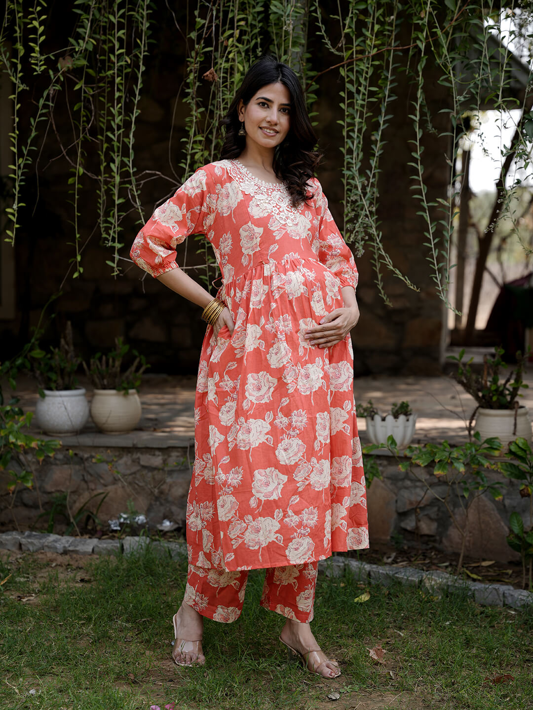 Peach Floral Printed Maternity & Feeding Friendly Cotton Kurta Set
