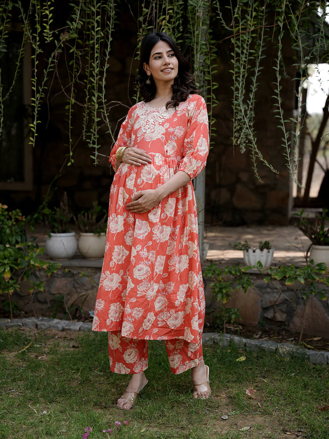 Peach Floral Printed Maternity & Feeding Friendly Cotton Kurta Set