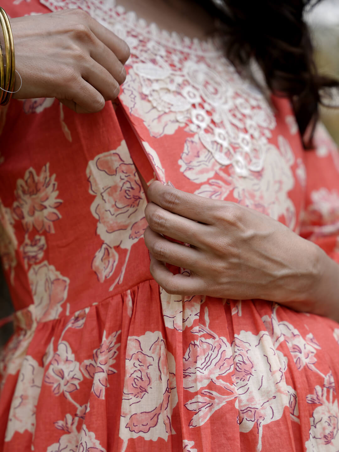 Peach Floral Printed Maternity & Feeding Friendly Cotton Kurta Set