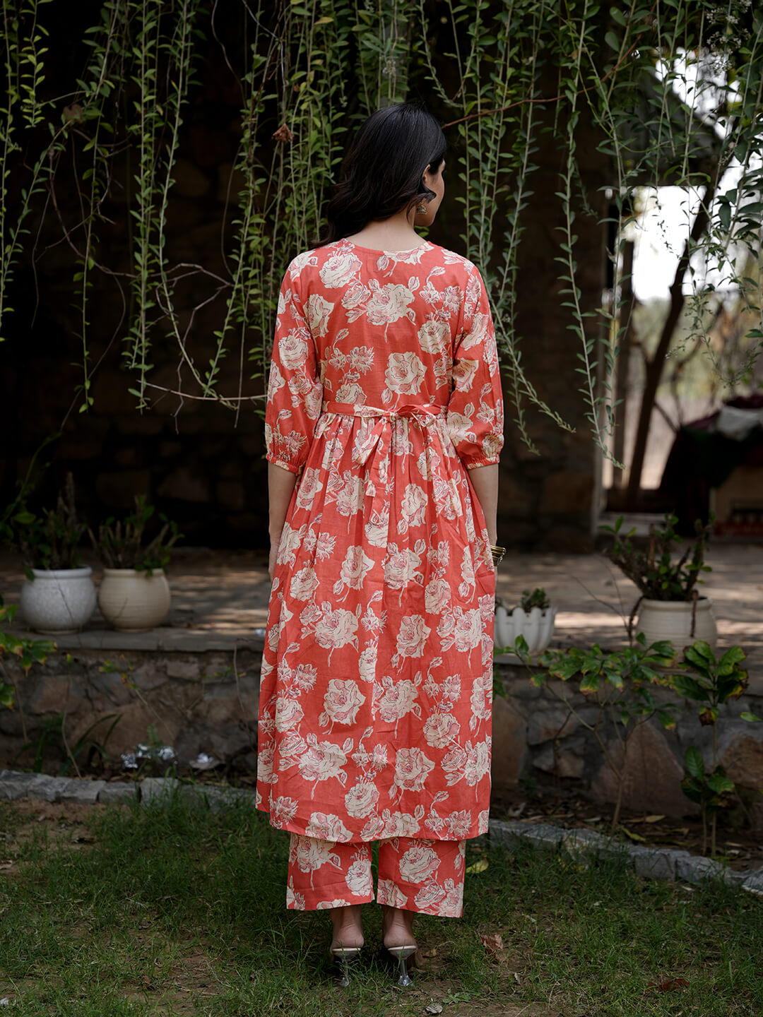 Peach Floral Printed Maternity & Feeding Friendly Cotton Kurta Set