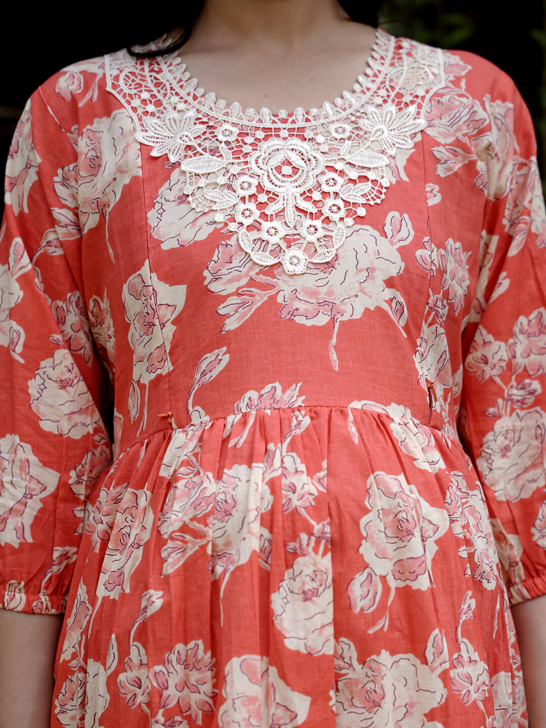 Peach Floral Printed Maternity & Feeding Friendly Cotton Kurta Set
