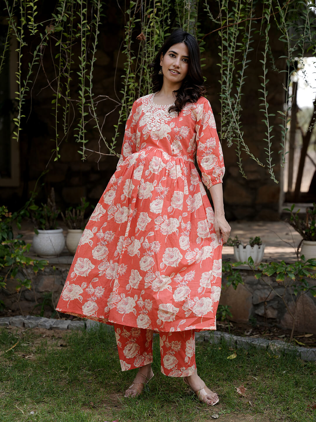 Peach Floral Printed Maternity & Feeding Friendly Cotton Kurta Set