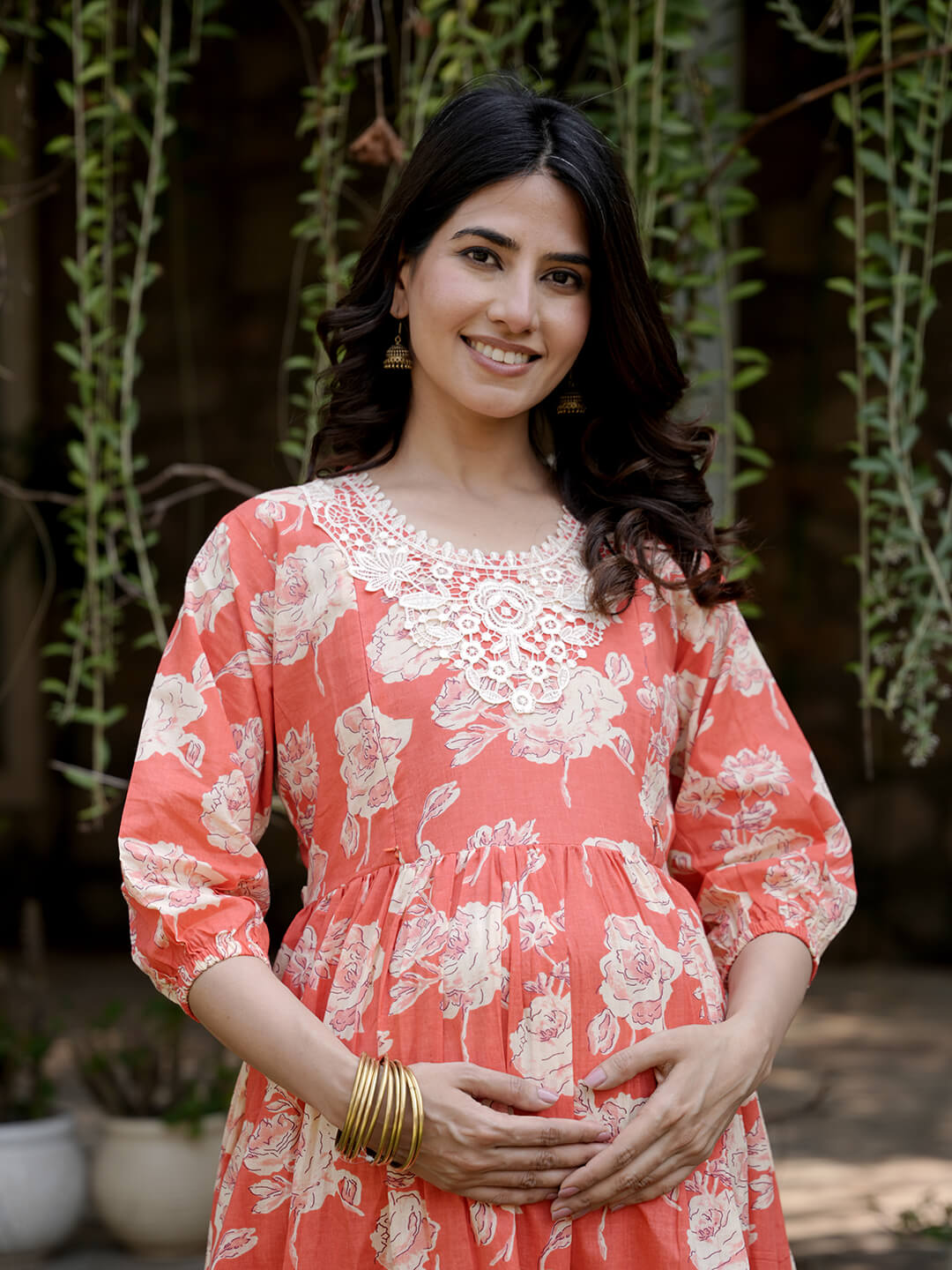 Peach Floral Printed Maternity & Feeding Friendly Cotton Kurta Set