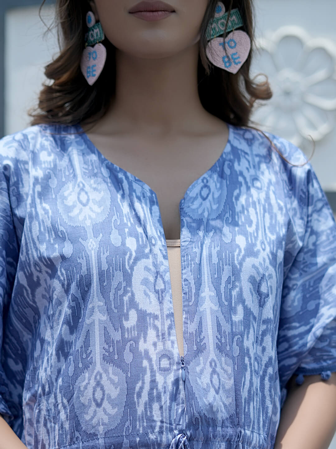 Blue Ikat Print Maternity & Feeding Kaftan Dress with Concealed Zipper