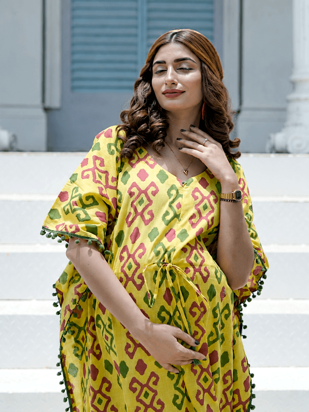 Yellow Multi Ikat Print Maternity & Feeding Kaftan Dress with Concealed Zipper