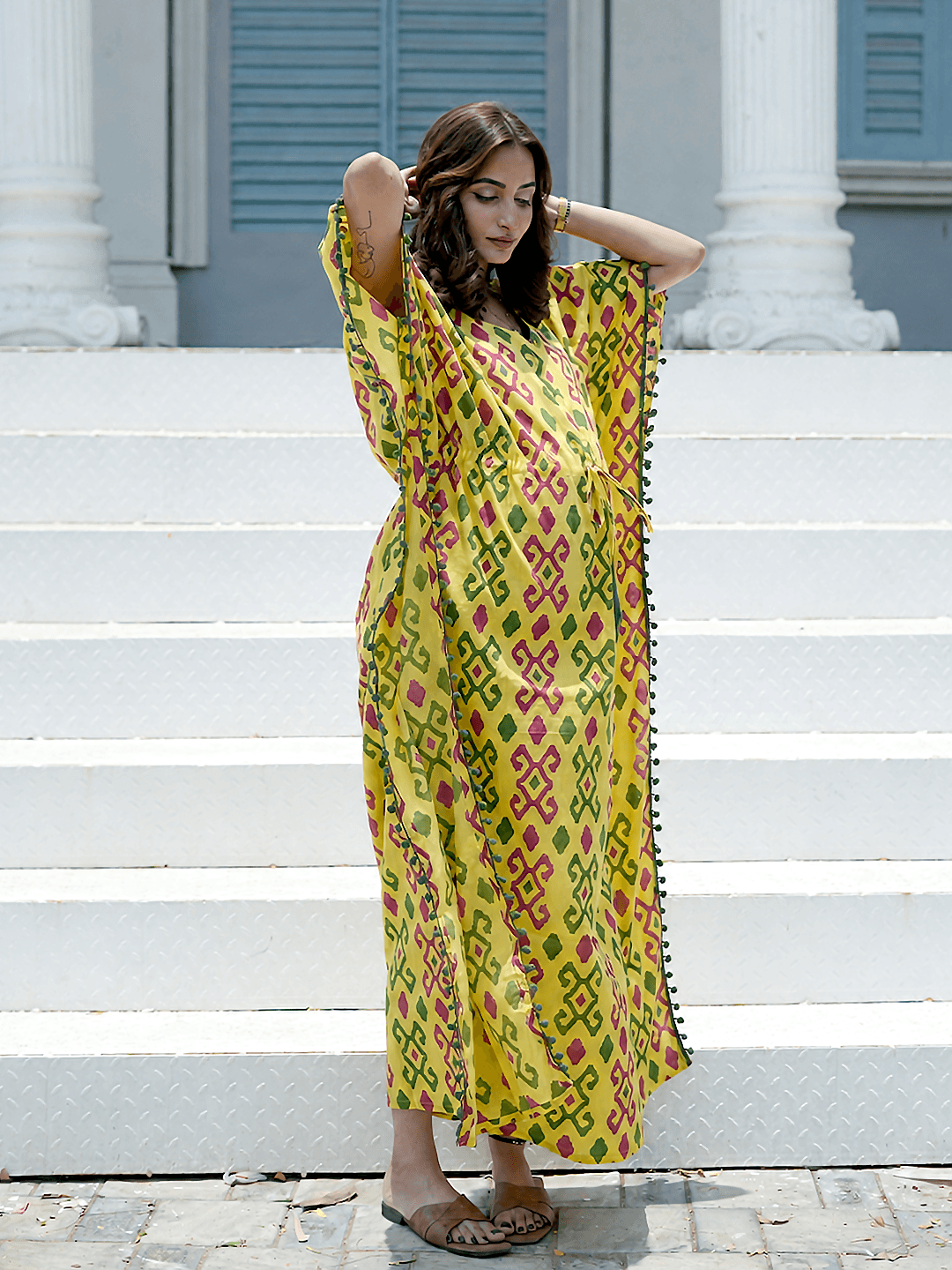 Yellow Multi Ikat Print Maternity & Feeding Kaftan Dress with Concealed Zipper