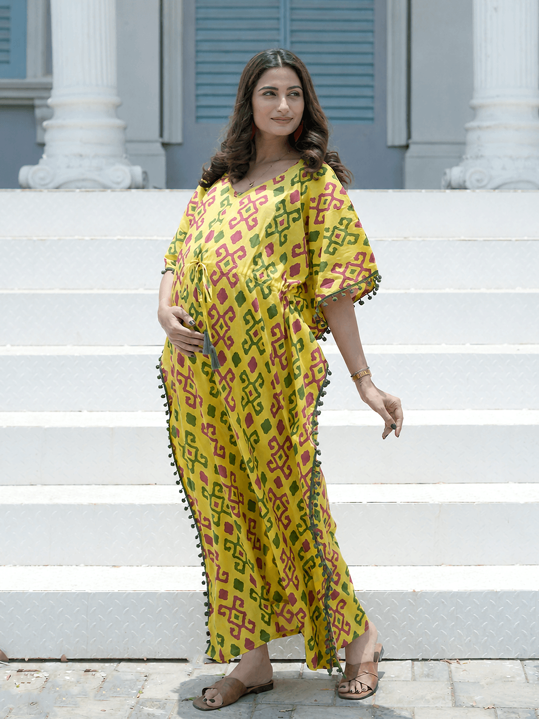 Yellow Multi Ikat Print Maternity & Feeding Kaftan Dress with Concealed Zipper