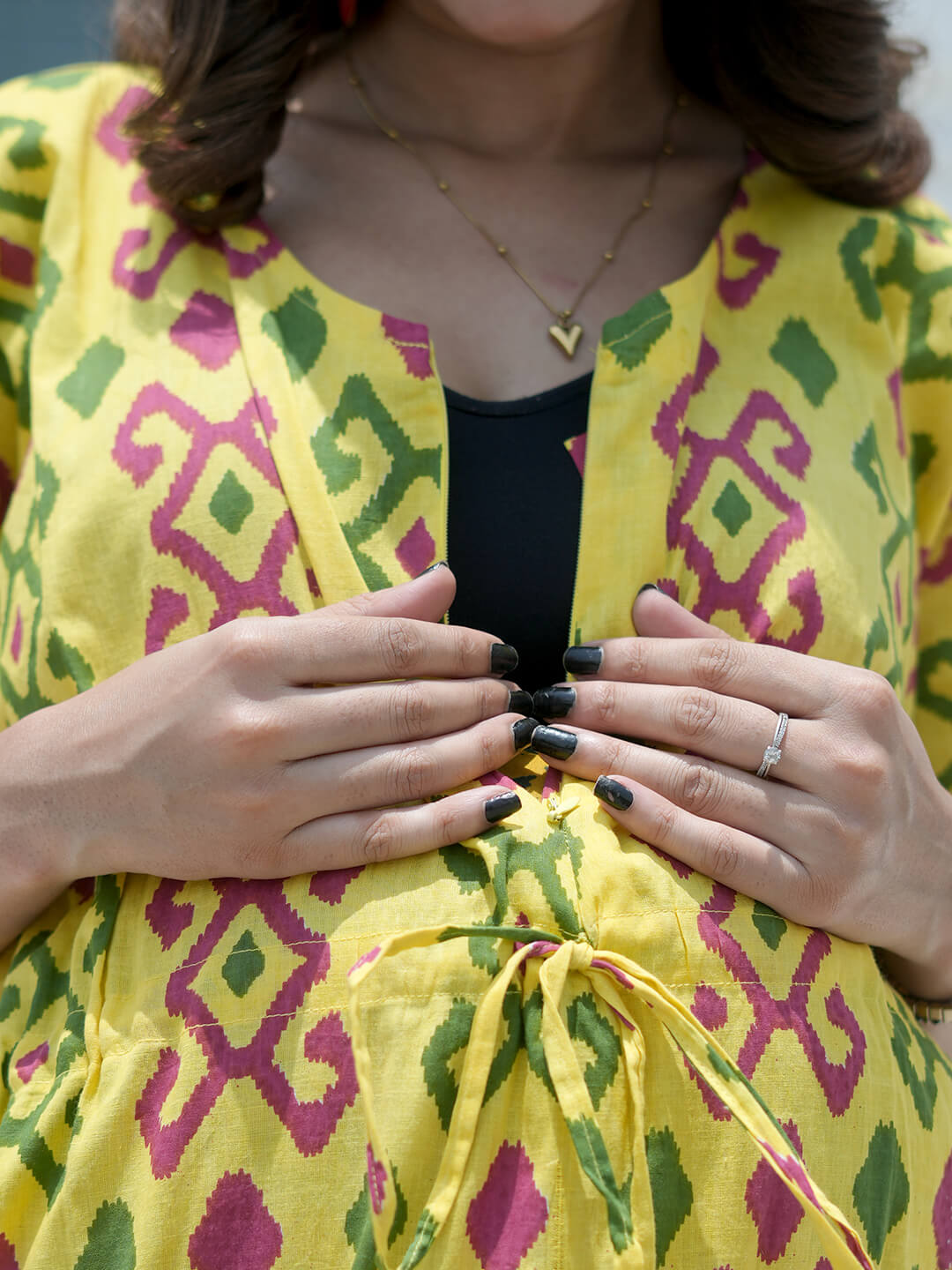 Yellow Multi Ikat Print Maternity & Feeding Kaftan Dress with Concealed Zipper