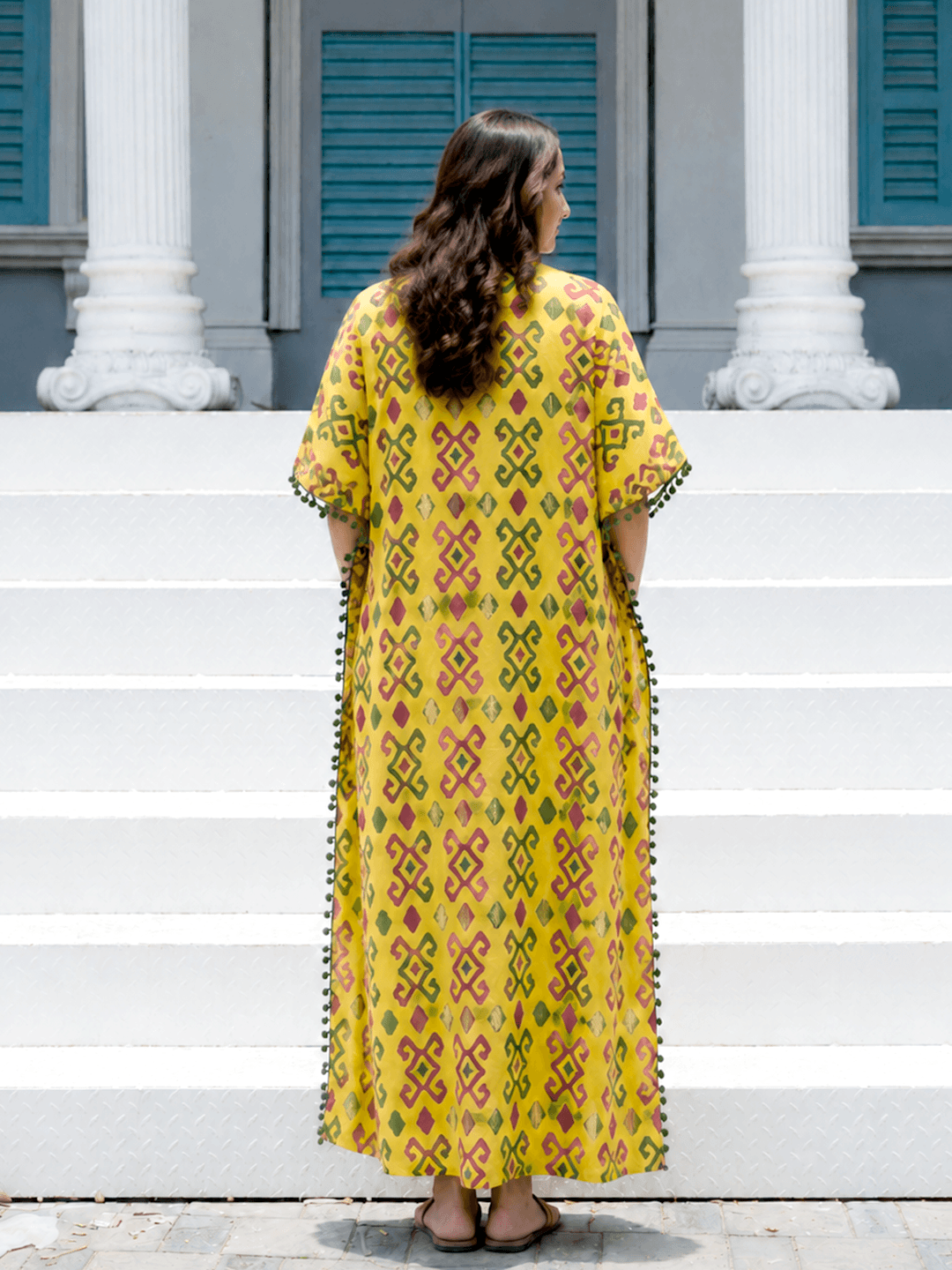 Yellow Multi Ikat Print Maternity & Feeding Kaftan Dress with Concealed Zipper