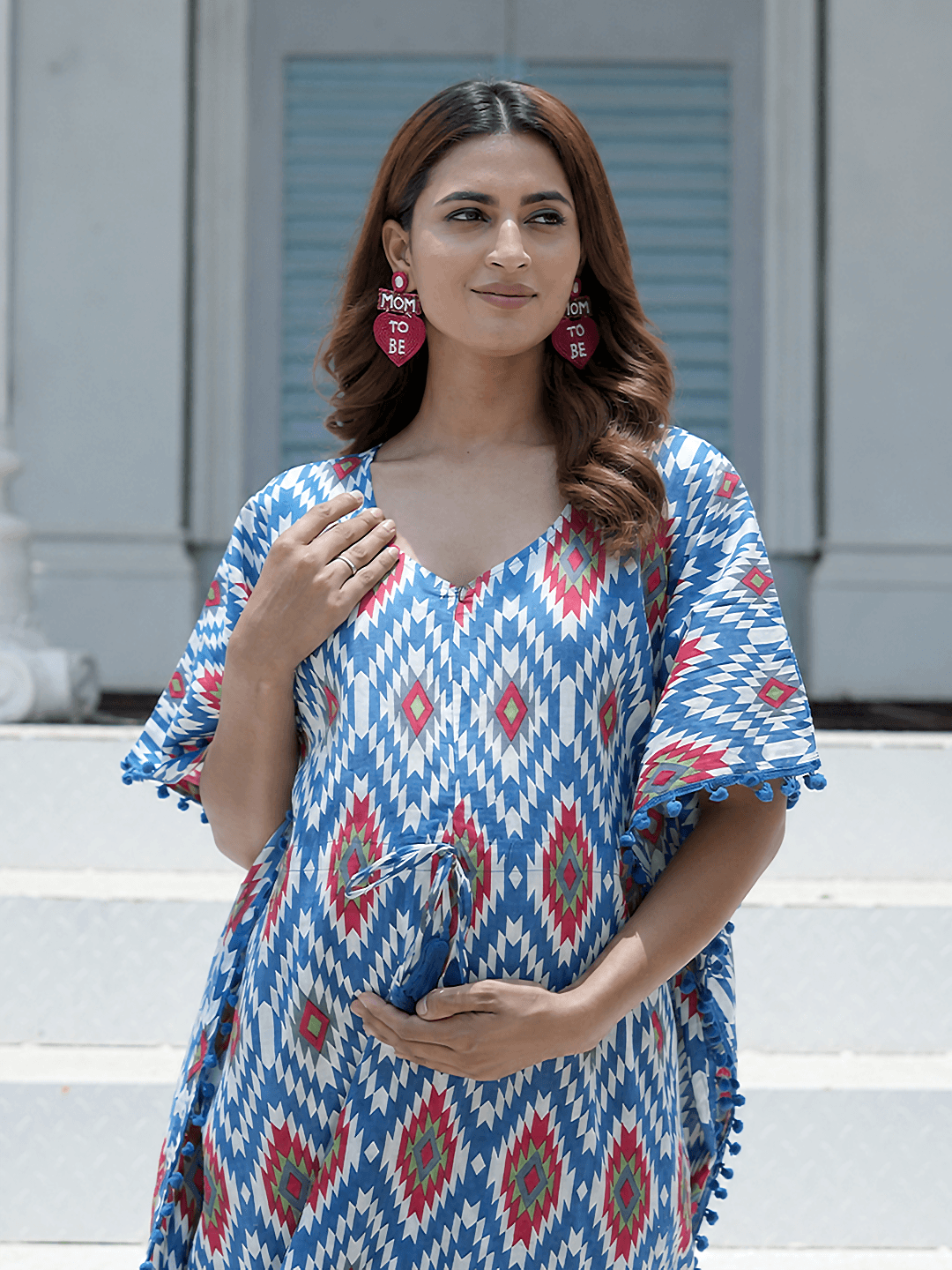 Indigo Red Ikat Print Maternity & Feeding Kaftan Dress with Concealed Zipper