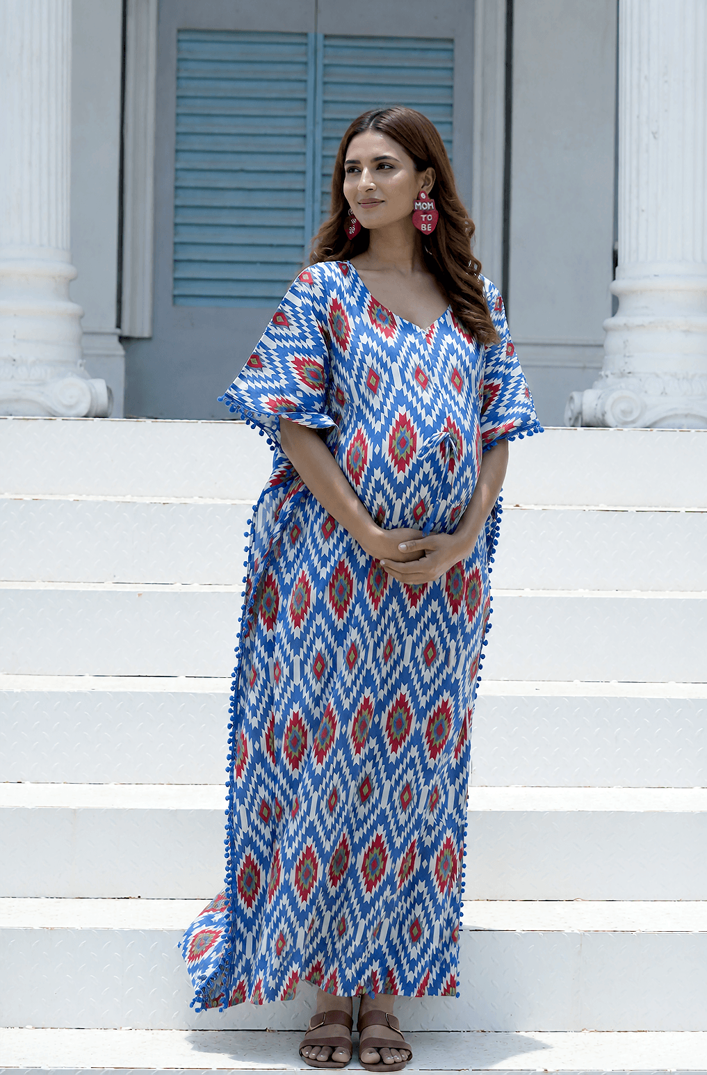 Indigo Red Ikat Print Maternity & Feeding Kaftan Dress with Concealed Zipper