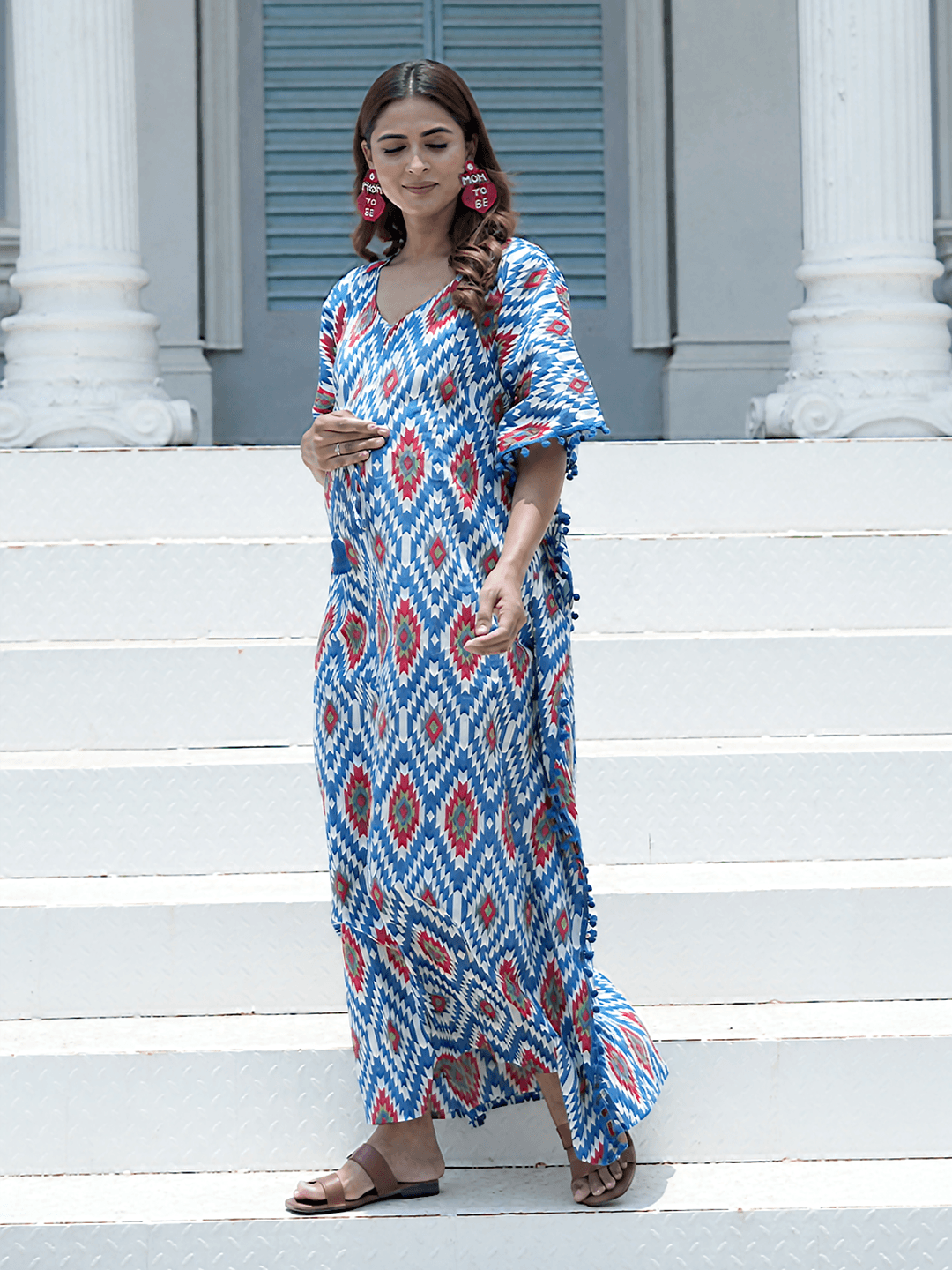 Indigo Red Ikat Print Maternity & Feeding Kaftan Dress with Concealed Zipper