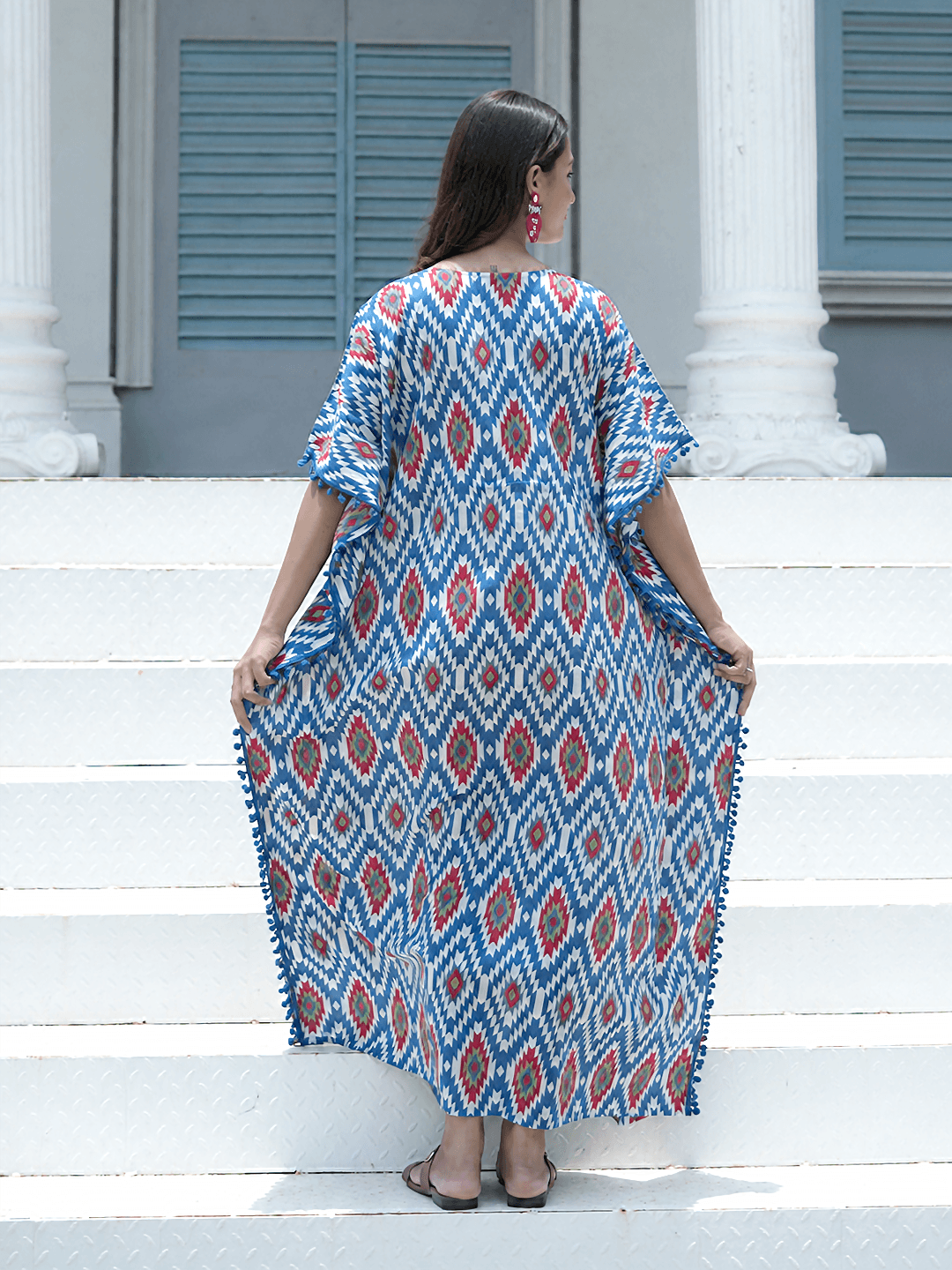 Indigo Red Ikat Print Maternity & Feeding Kaftan Dress with Concealed Zipper