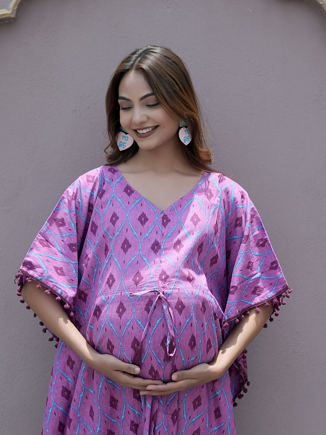 Mauve Ikat Print Maternity & Feeding Kaftan Dress with Concealed Zipper