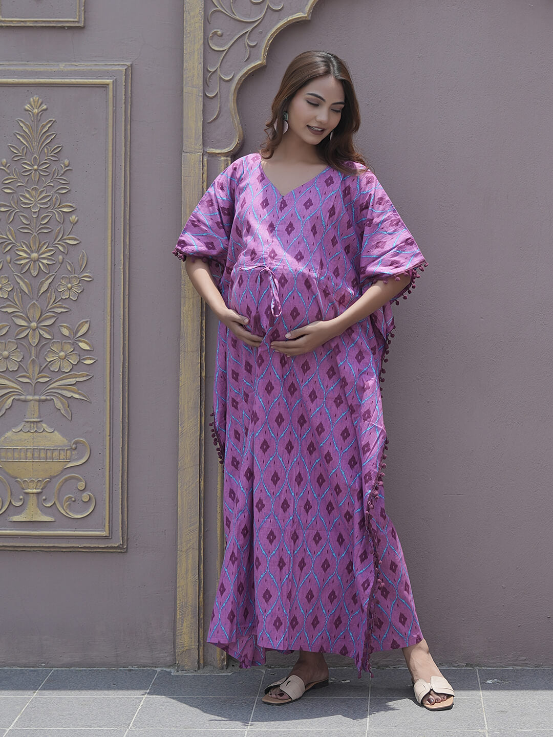 Mauve Ikat Print Maternity & Feeding Kaftan Dress with Concealed Zipper