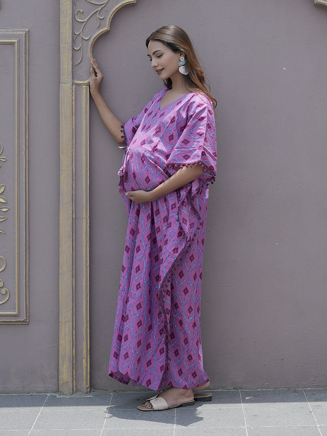 Mauve Ikat Print Maternity & Feeding Kaftan Dress with Concealed Zipper