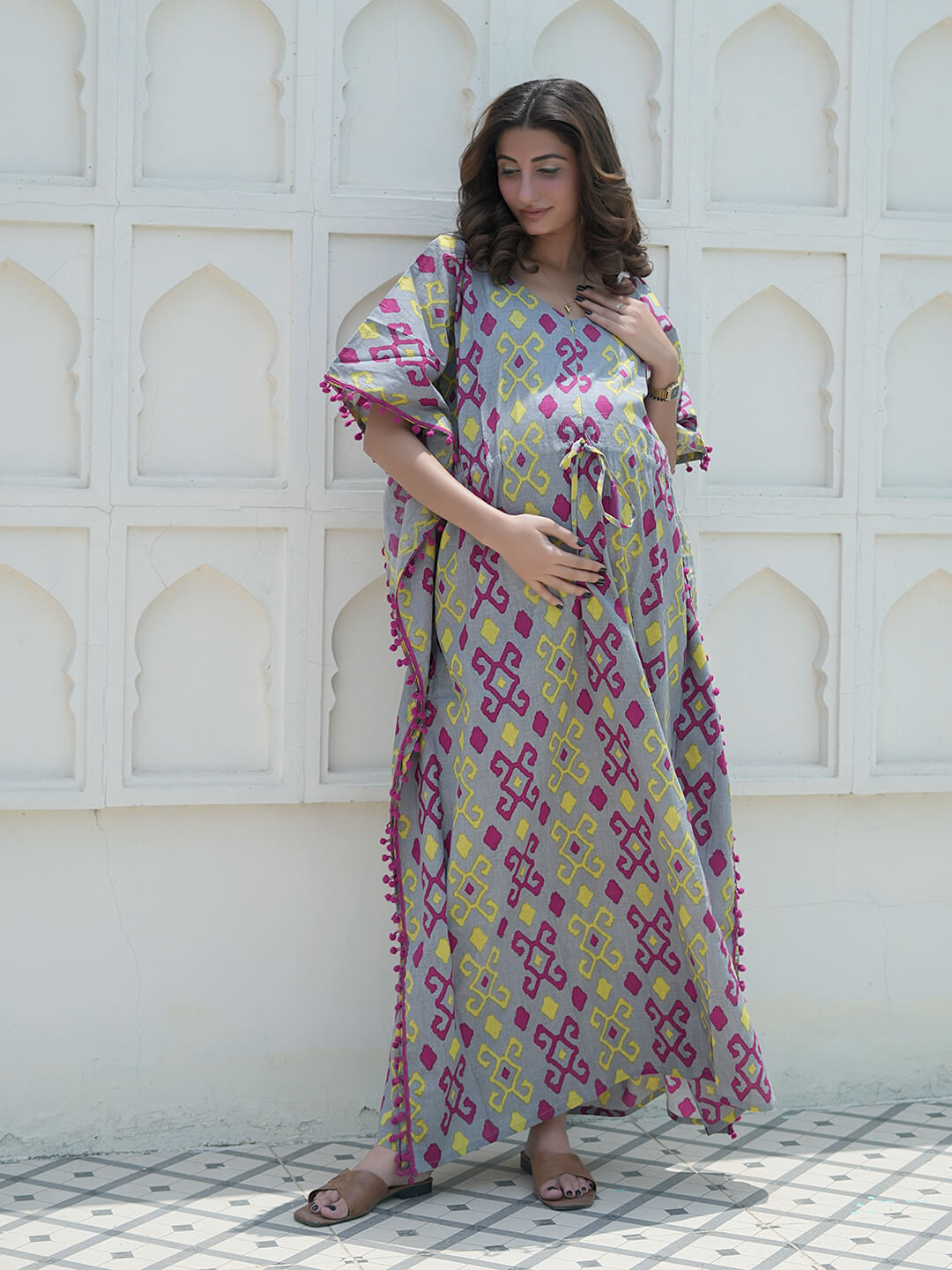 Grey Multi Ikat Print Maternity & Feeding Kaftan Dress with Concealed Zipper