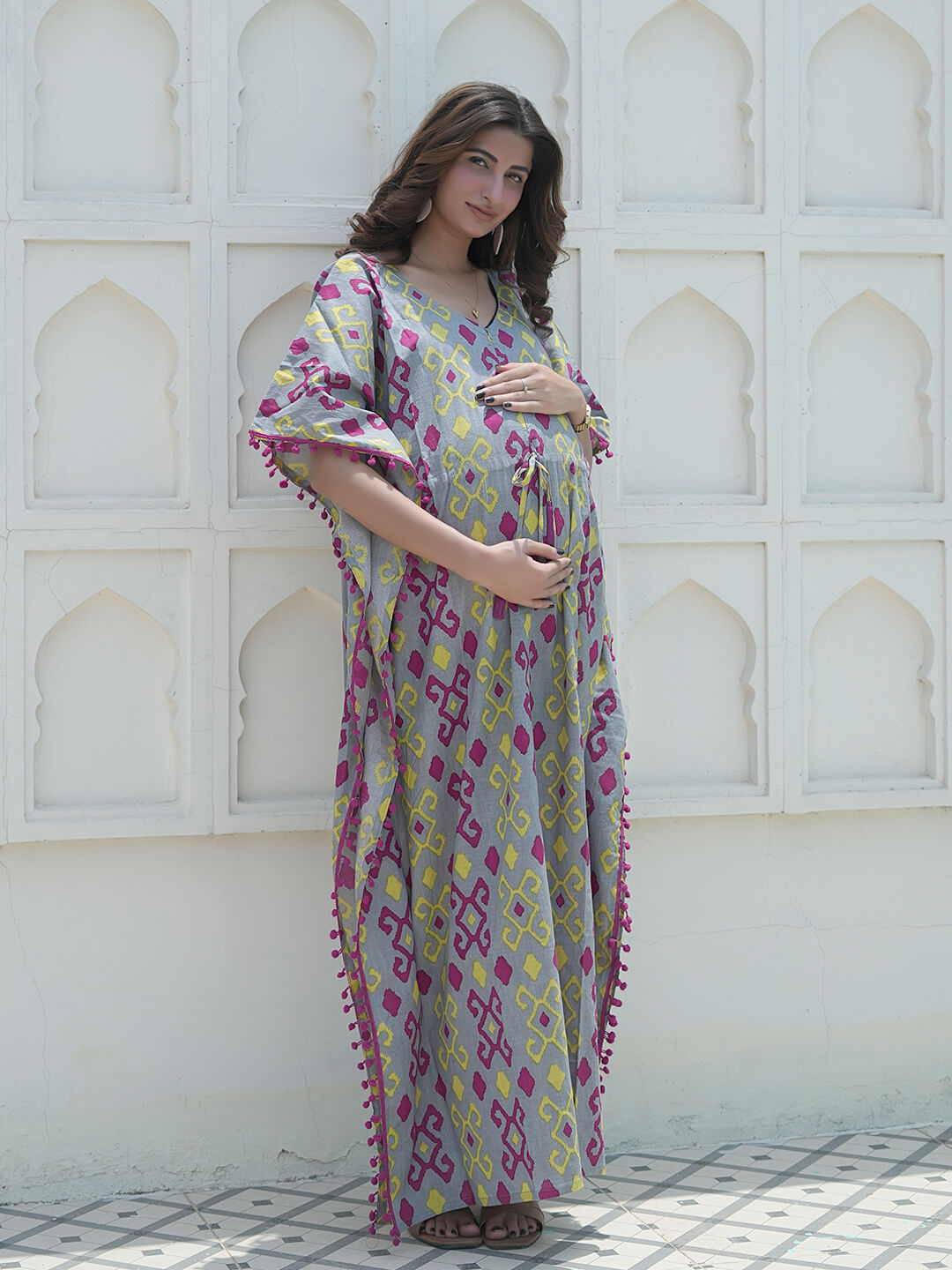 Grey Multi Ikat Print Maternity & Feeding Kaftan Dress with Concealed Zipper