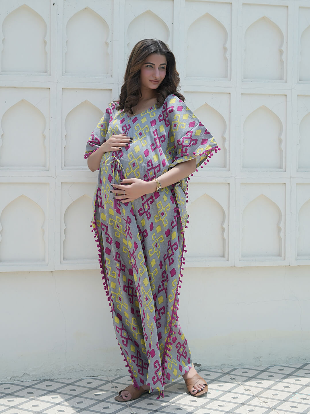 Grey Multi Ikat Print Maternity & Feeding Kaftan Dress with Concealed Zipper