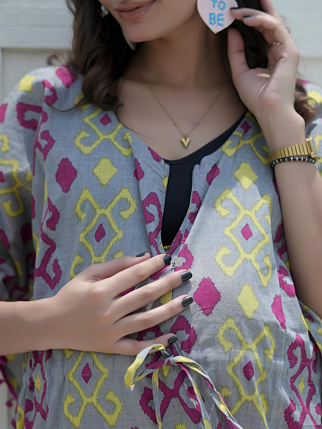 Grey Multi Ikat Print Maternity & Feeding Kaftan Dress with Concealed Zipper