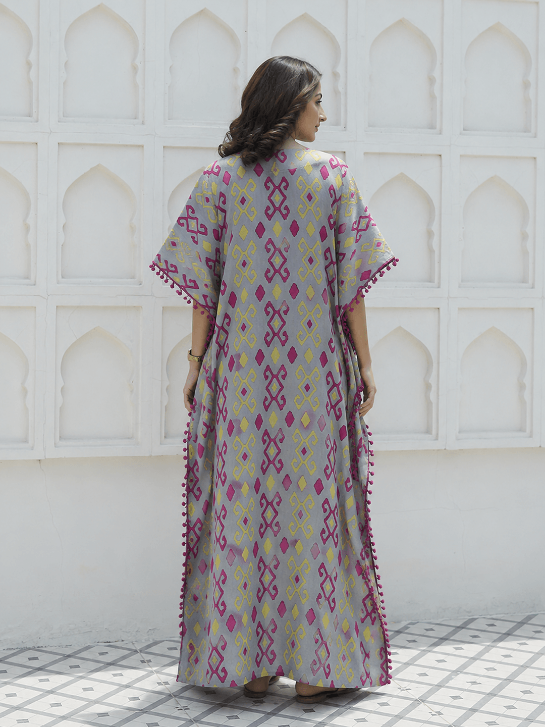 Grey Multi Ikat Print Maternity & Feeding Kaftan Dress with Concealed Zipper