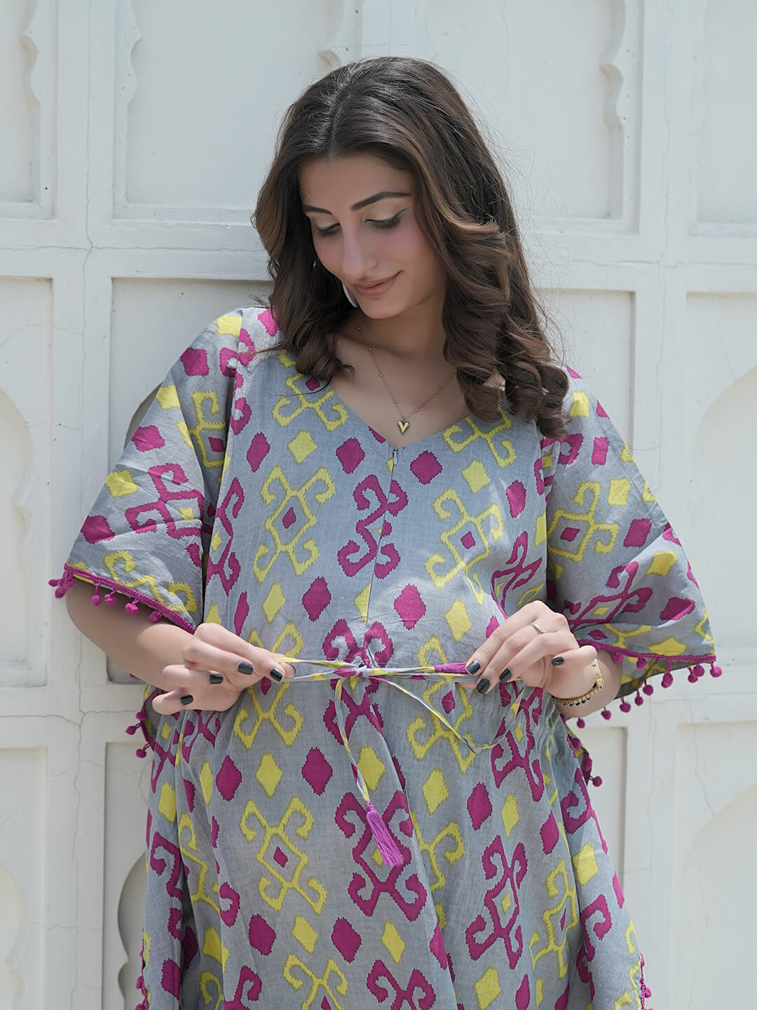 Grey Multi Ikat Print Maternity & Feeding Kaftan Dress with Concealed Zipper