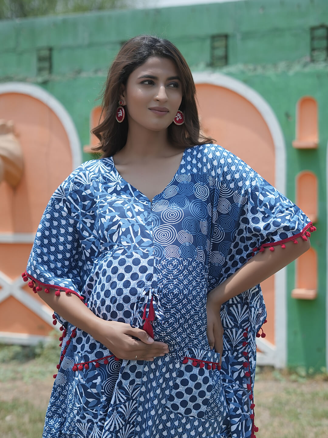 Indigo Ethnic Print Maternity & Feeding Kaftan Dress with Concealed Zipper
