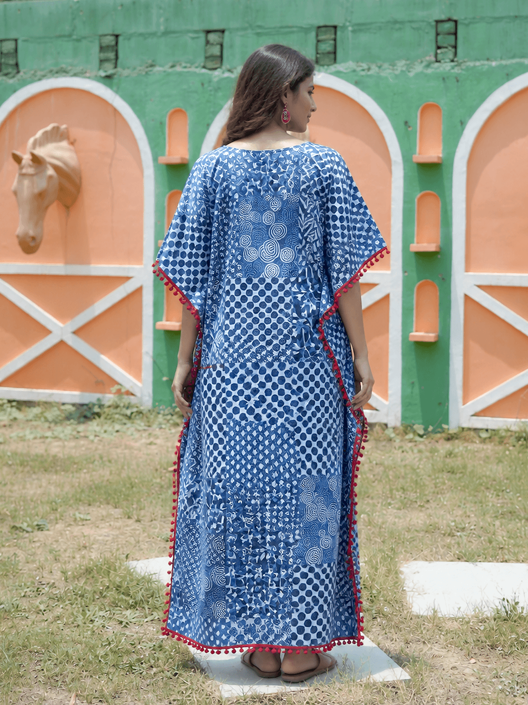 Indigo Ethnic Print Maternity & Feeding Kaftan Dress with Concealed Zipper