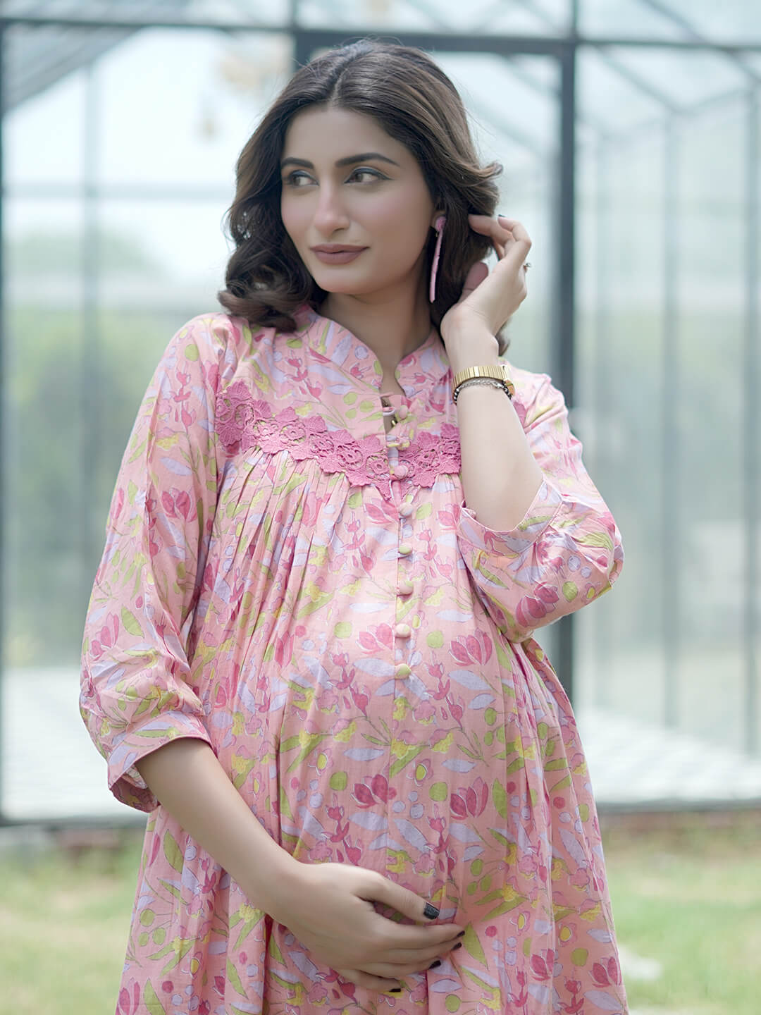Peach Floral Printed Maternity & Feeding Friendly Cotton Co-ord Set