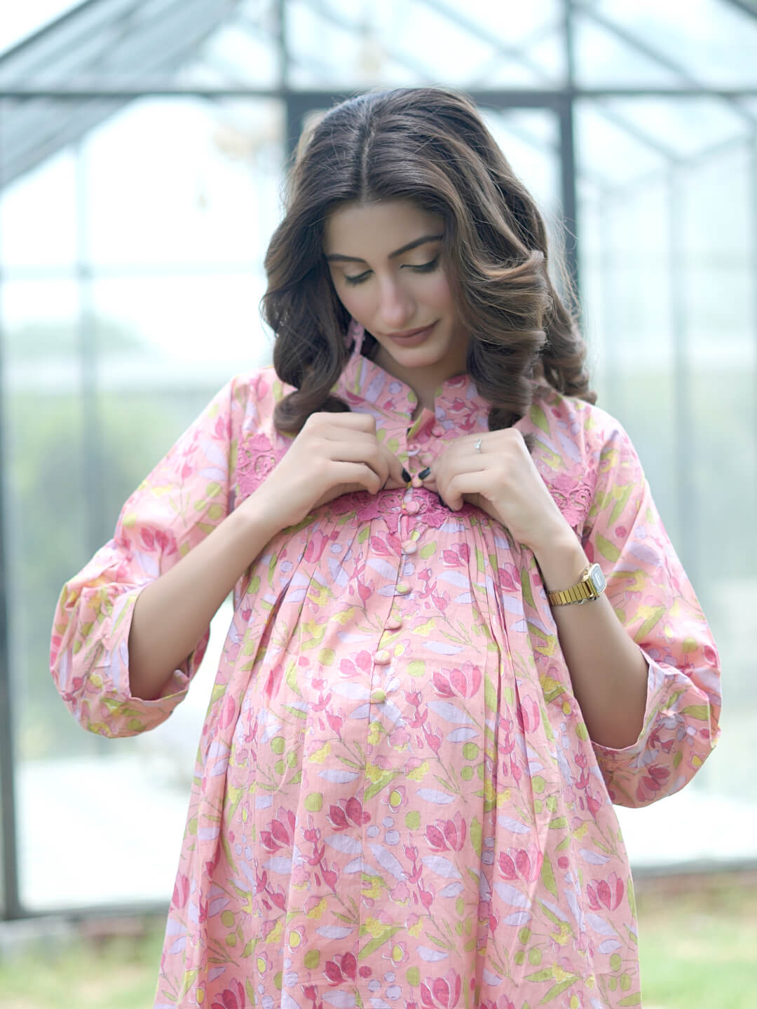 Peach Floral Printed Maternity & Feeding Friendly Cotton Co-ord Set
